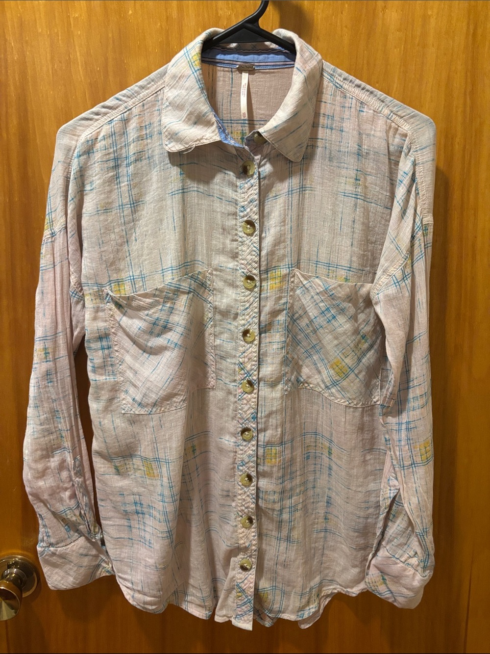 Free People Light Pink Plaid Button-Down Shirt